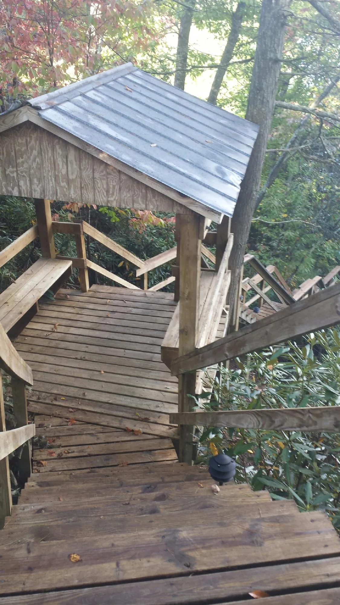 Metal roofed shelter over wooden steps on a wooded walkway — Skylight Repair & Installation work by our crew in Mather